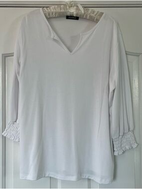PGands White V-Neck Smocked Sleeve Women's Top